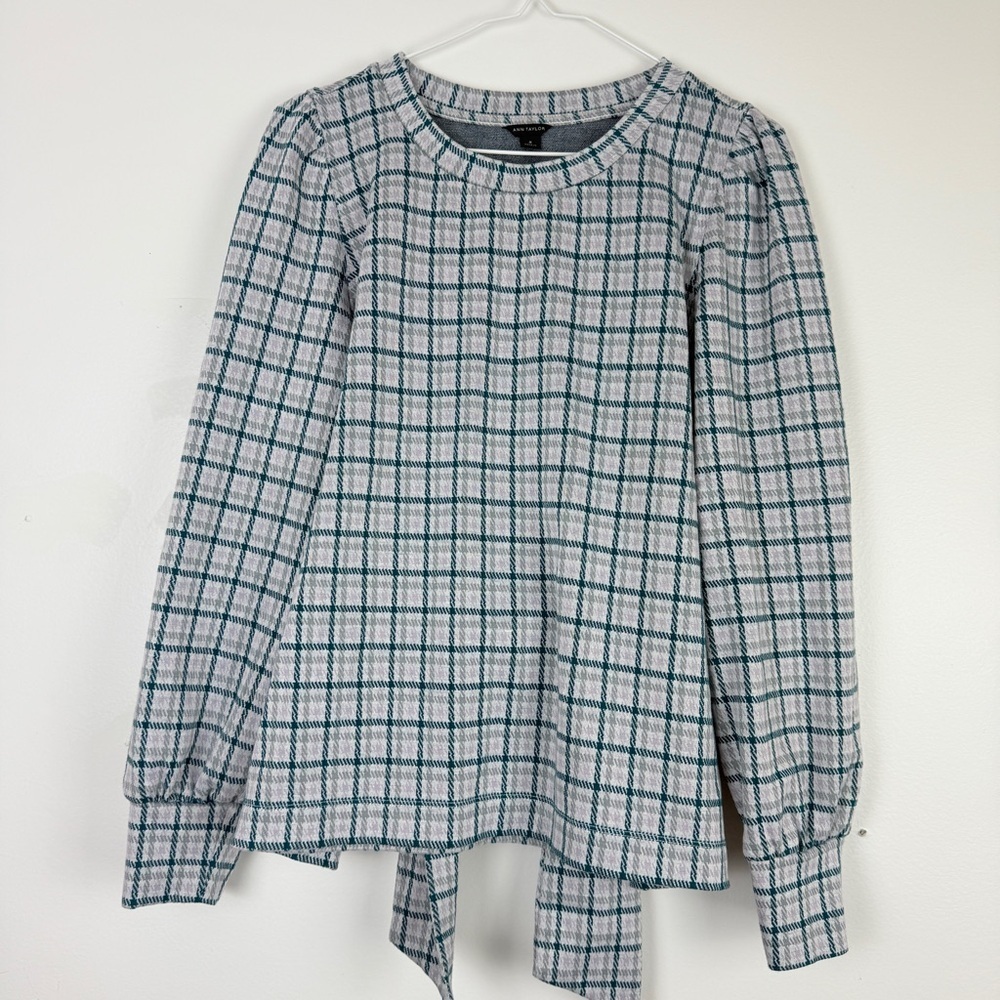 Ann Taylor Plaid Long Sleeve Back Tie Blouse Windowpane Check Puff Sleeve